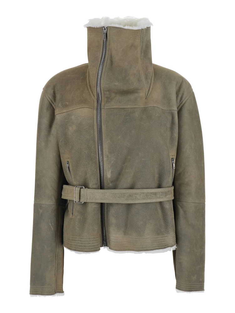 Gray High-neck cropped shearling jacket with off-center zip closure and front belt in suede for women