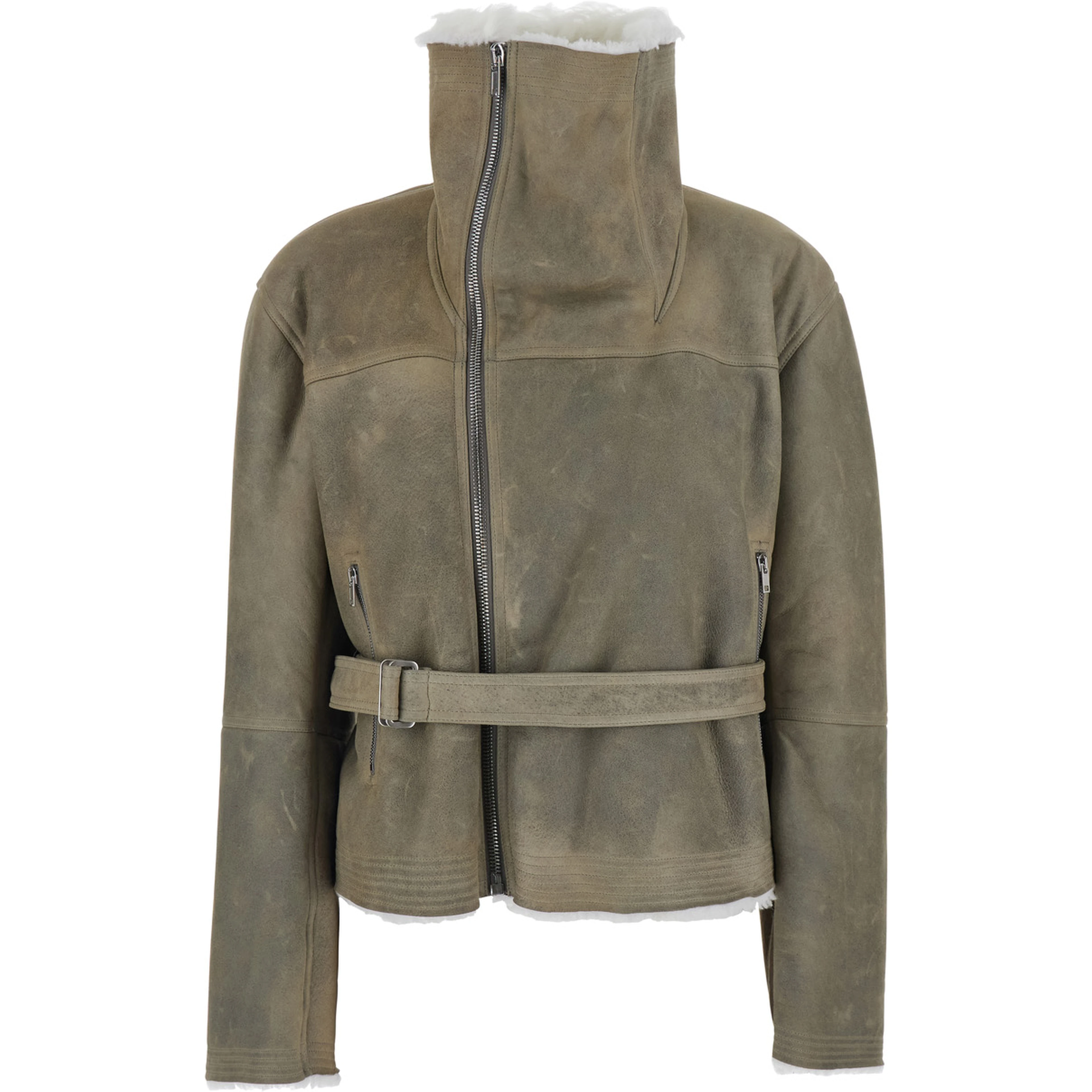 Gray High-neck cropped shearling jacket with off-center zip closure and front belt in suede for women