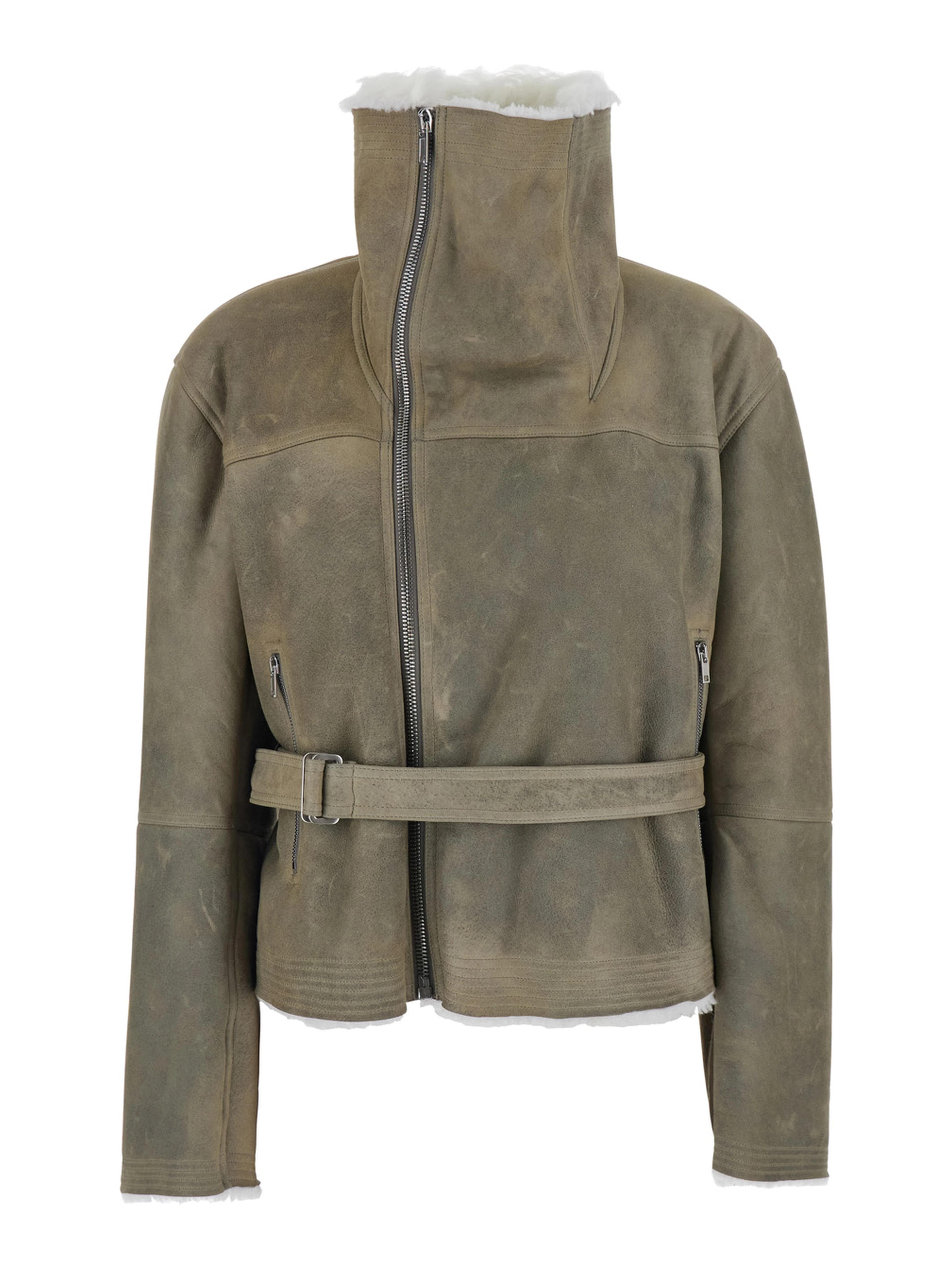 Gray High-neck cropped shearling jacket with off-center zip closure and front belt in suede for women