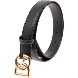 Thin Belt with DG Buckle in Black Gold Metal Leather for Women