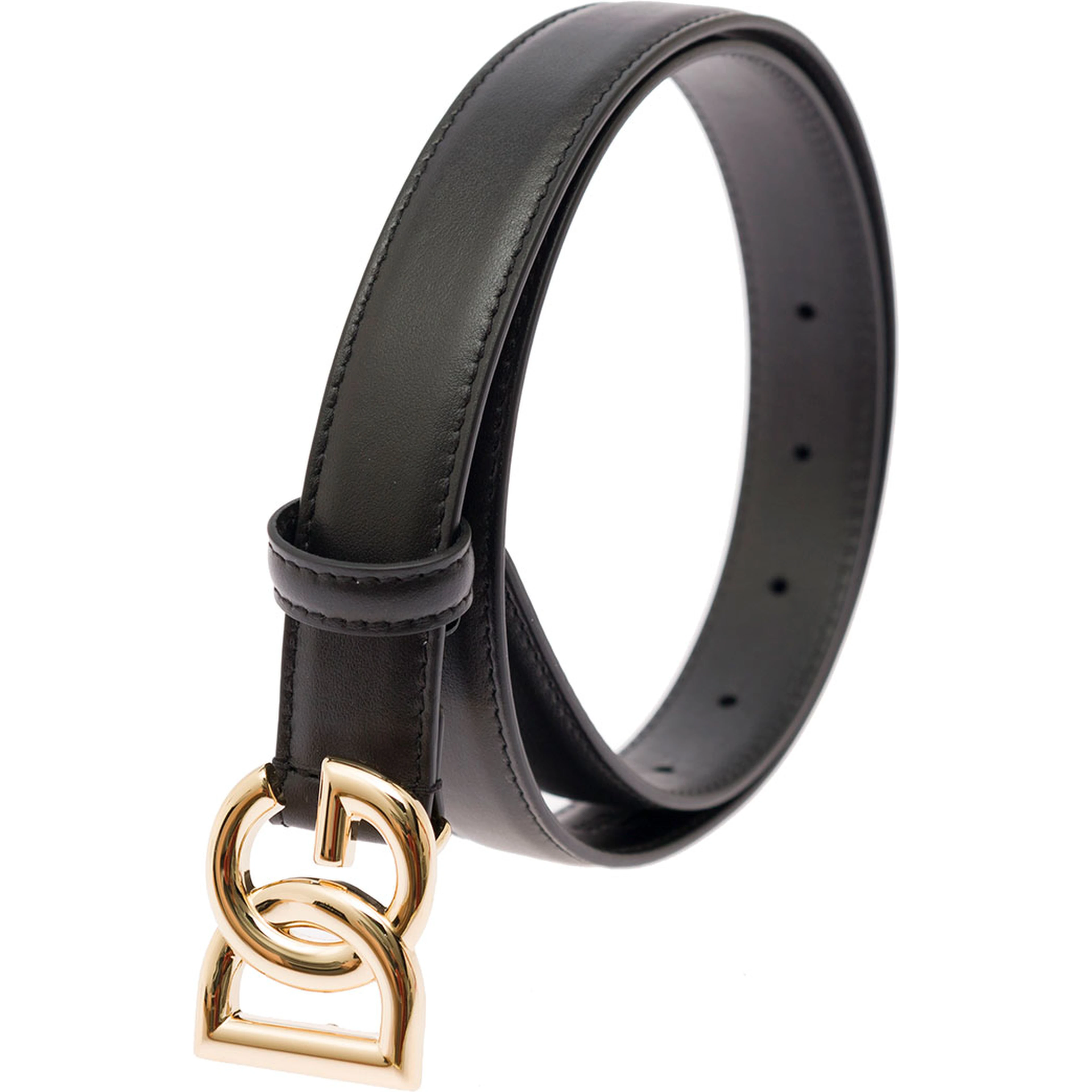 Thin Belt with DG Buckle in Black Gold Metal Leather for Women