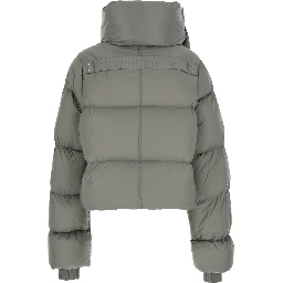 Gray Down jacket with high collar and two welt pockets on the front in tech fabric for women