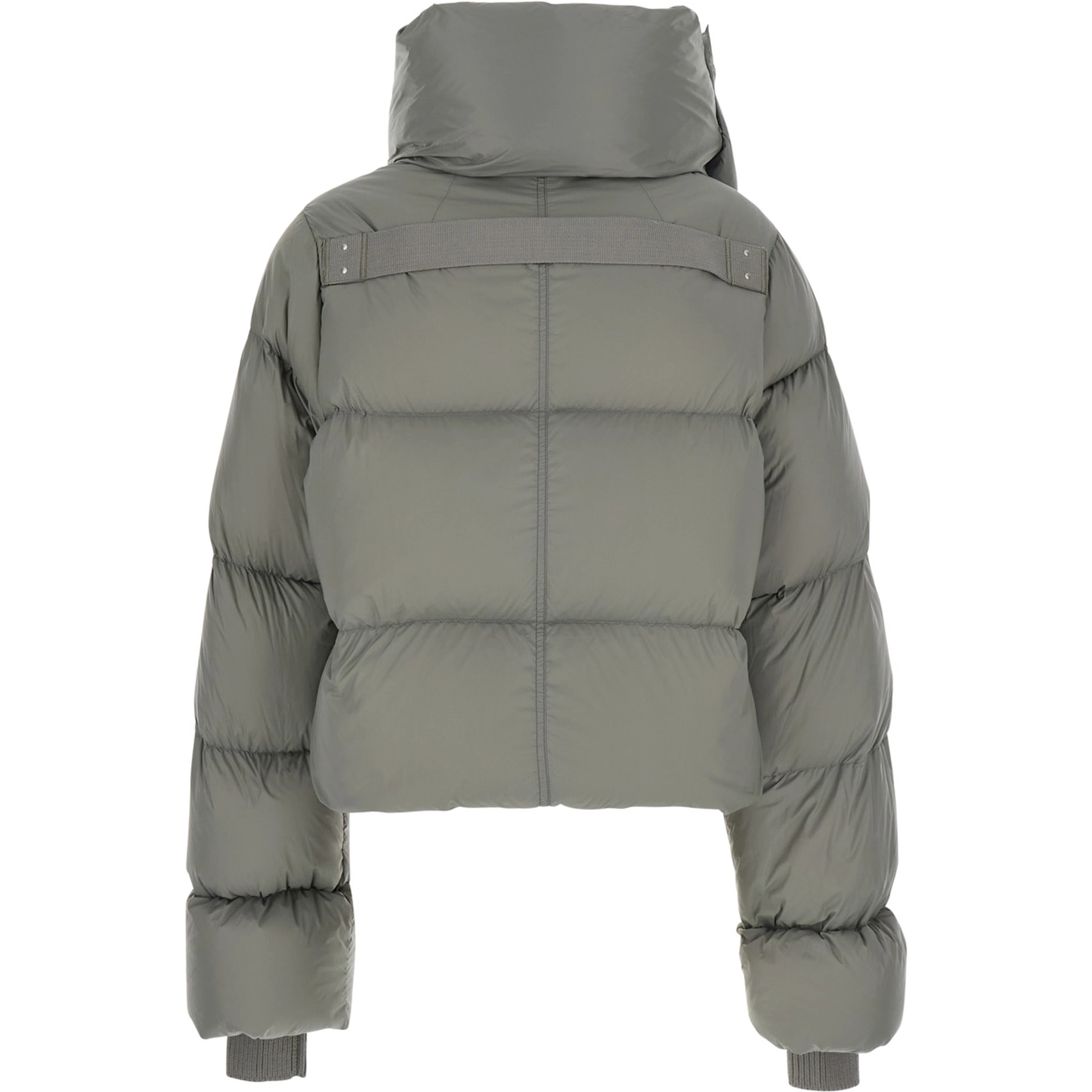 Gray Down jacket with high collar and two welt pockets on the front in tech fabric for women