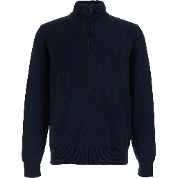 Sweater with half zip closure on the front and logo embroidery on the front in blue cotton for men