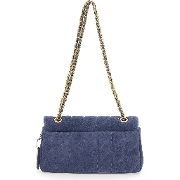 Blue Crossbody Bag with Chain Handles and Logo Plate on the Front in Suede for Women