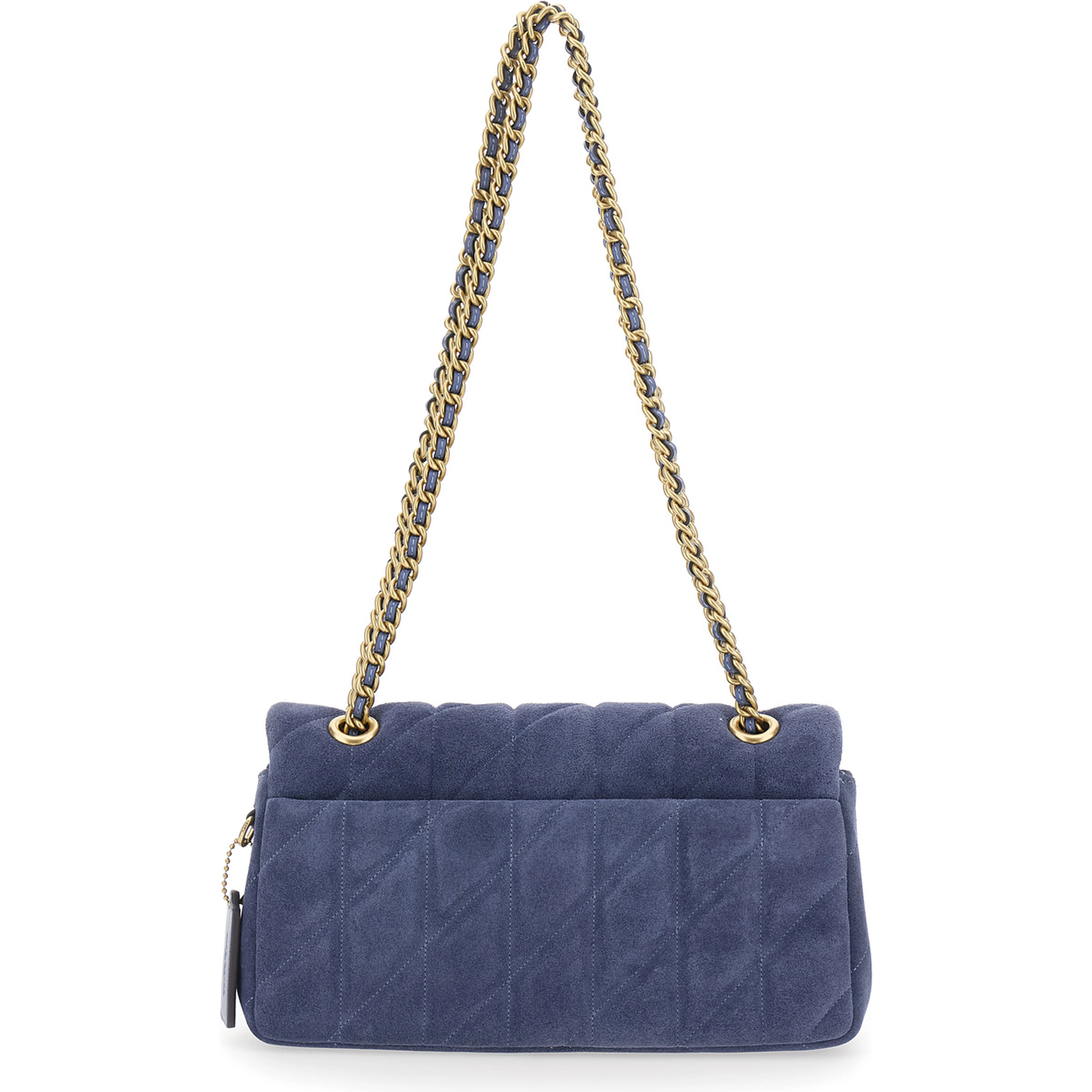 Blue Crossbody Bag with Chain Handles and Logo Plate on the Front in Suede for Women