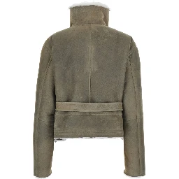 Gray High-neck cropped shearling jacket with off-center zip closure and front belt in suede for women