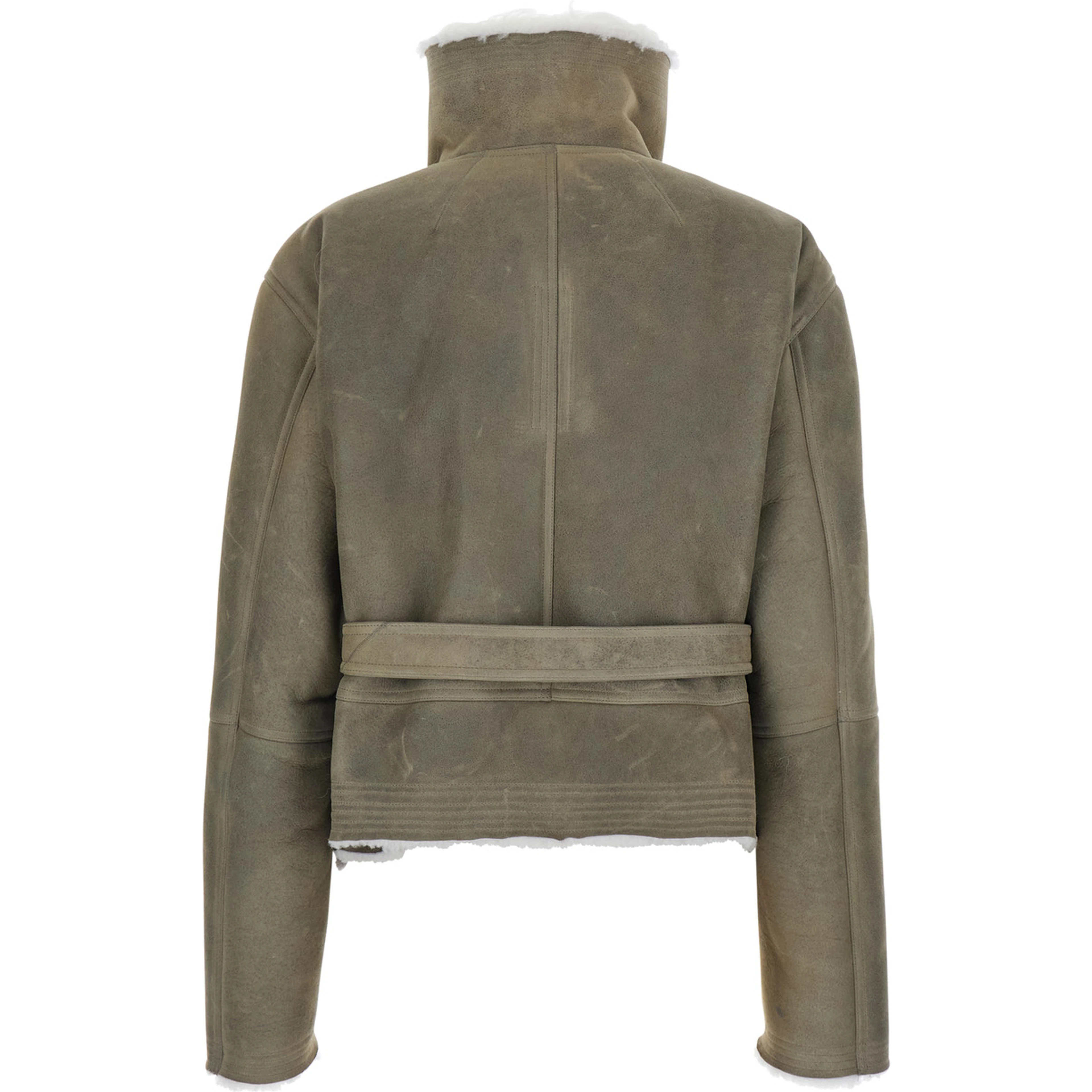 Gray High-neck cropped shearling jacket with off-center zip closure and front belt in suede for women