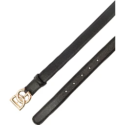 Thin Belt with DG Buckle in Black Gold Metal Leather for Women