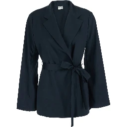 blue Double-breasted Jacket with Notched Revers and Front Belt in Tech Fabric Woman
