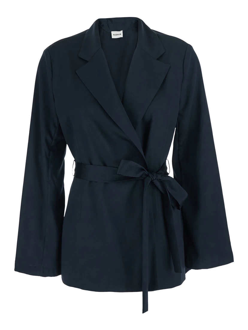 blue Double-breasted Jacket with Notched Revers and Front Belt in Tech Fabric Woman