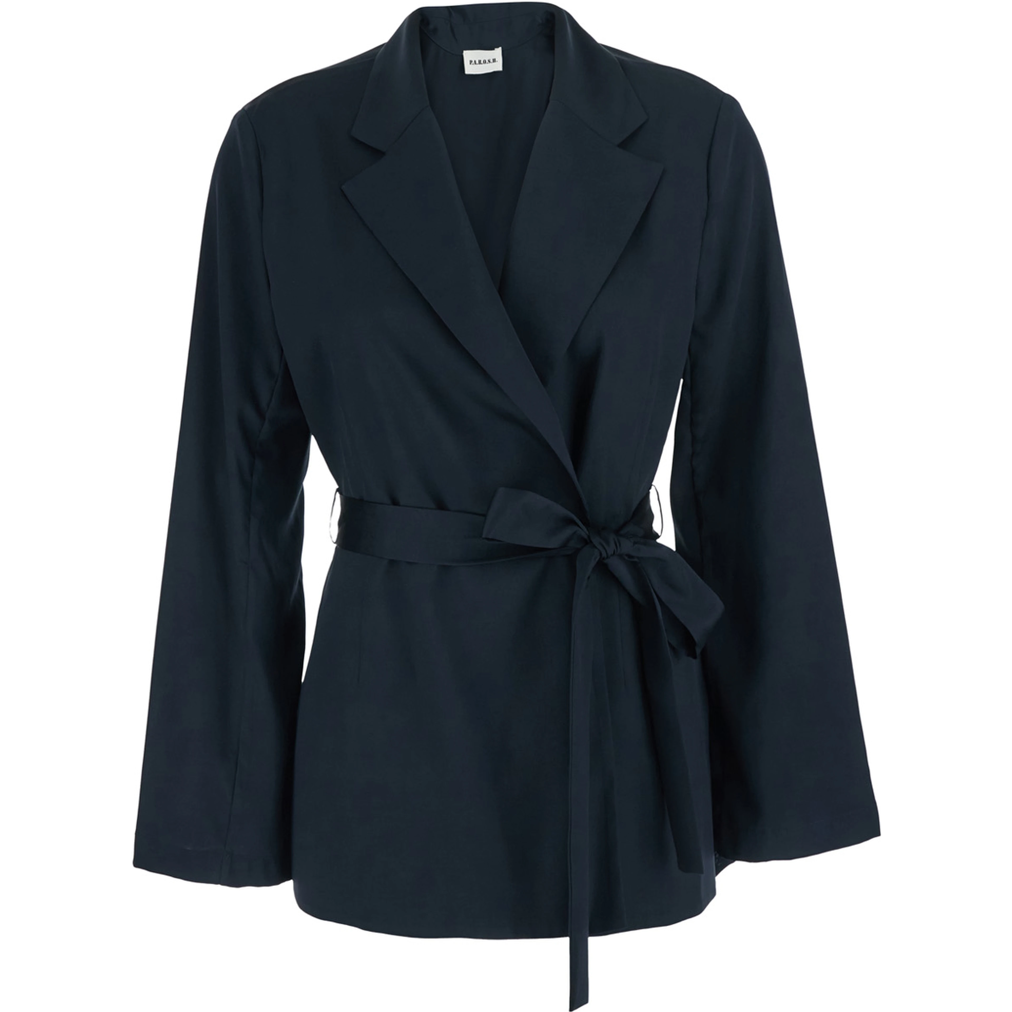 blue Double-breasted Jacket with Notched Revers and Front Belt in Tech Fabric Woman