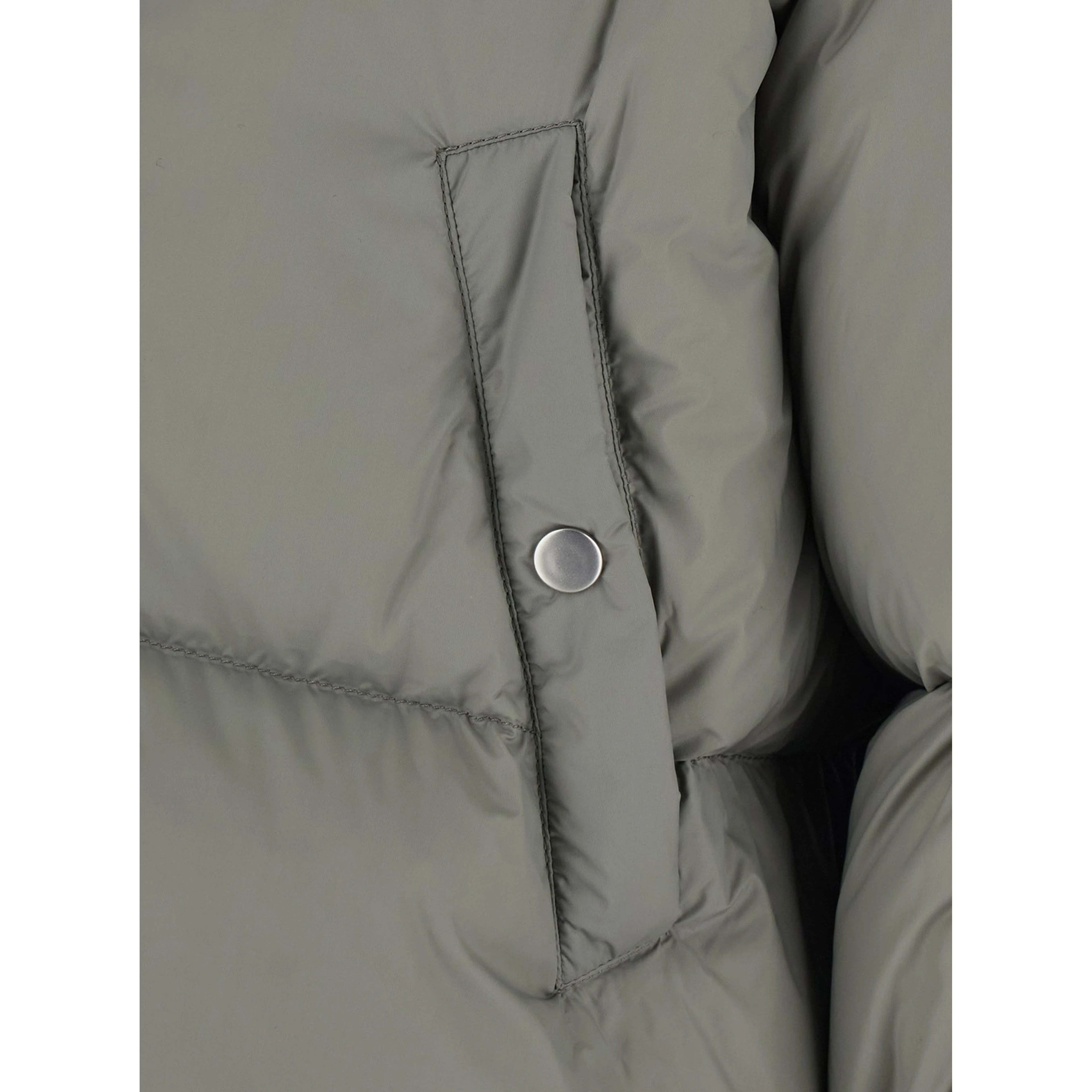 Gray Down jacket with high collar and two welt pockets on the front in tech fabric for women