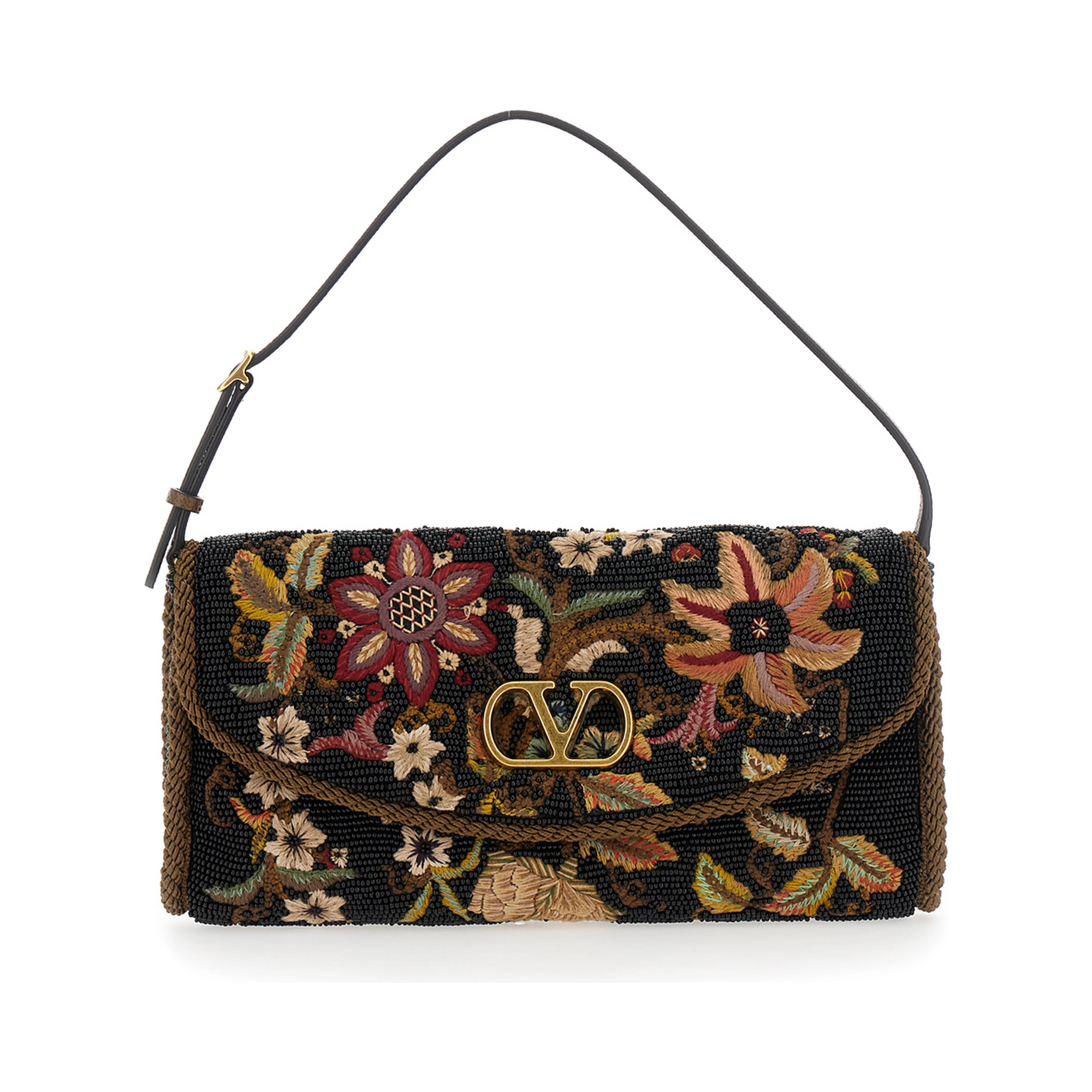 Shoulder Bag with VLogo Plaque on the Front and Multicolor Floral Embroidery for Women
