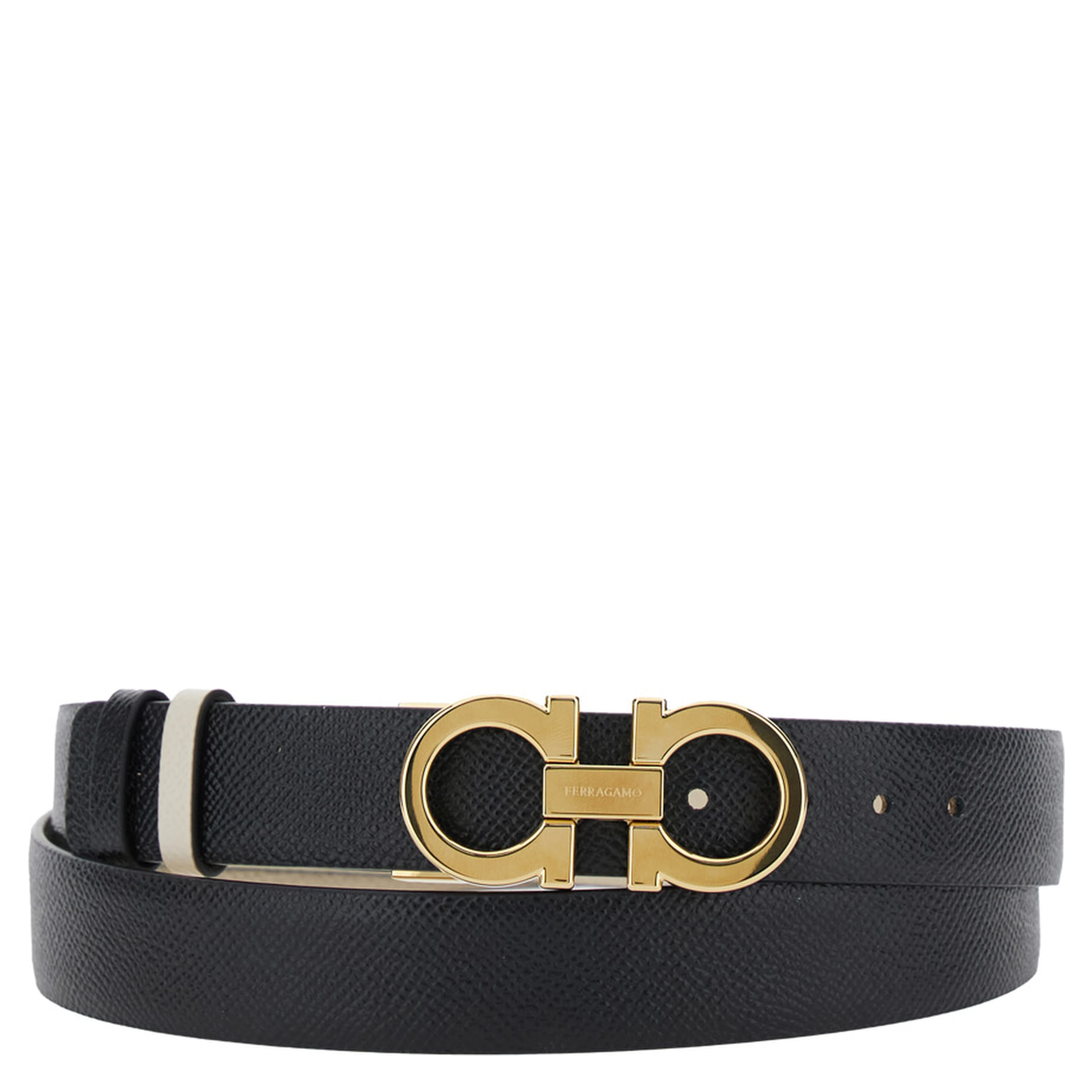 Belt with Gancini Buckle and Logo Lettering in White Leather for Women