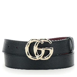 Belt with GG Buckle in Black Grained Leather for Women