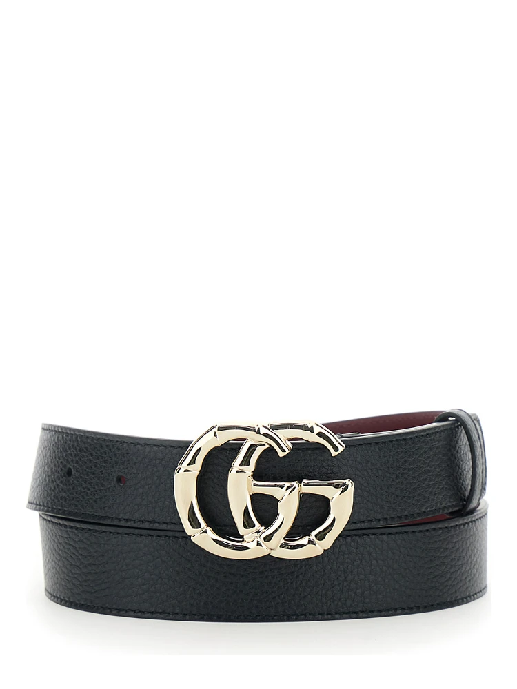 Belt with GG Buckle in Black Grained Leather for Women