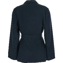 blue Double-breasted Jacket with Notched Revers and Front Belt in Tech Fabric Woman