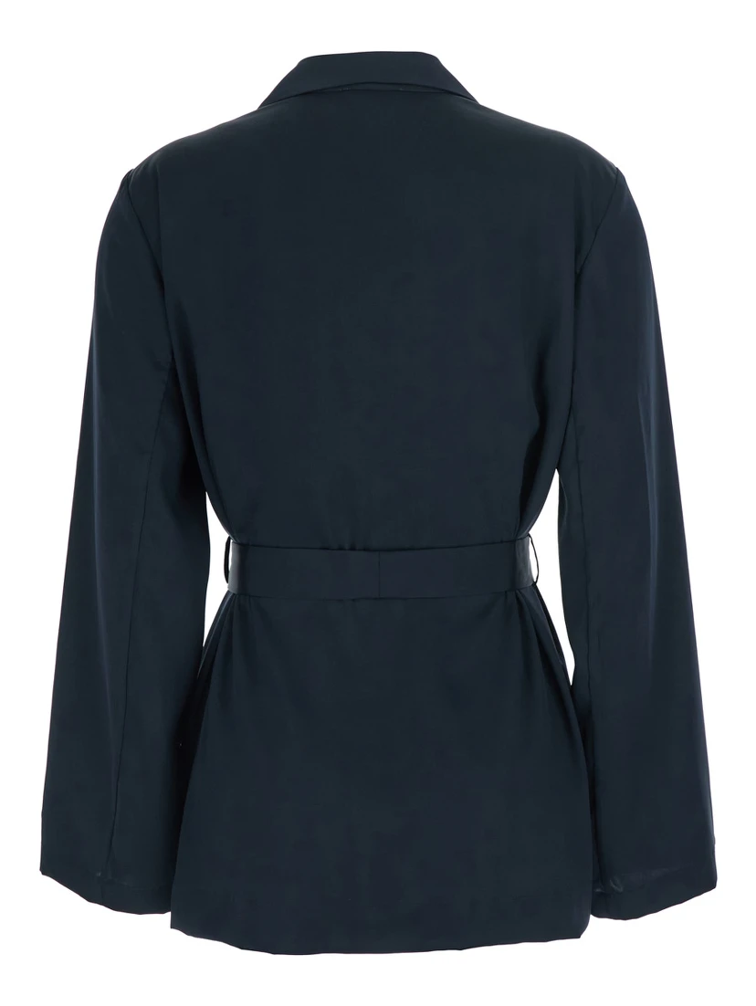 blue Double-breasted Jacket with Notched Revers and Front Belt in Tech Fabric Woman