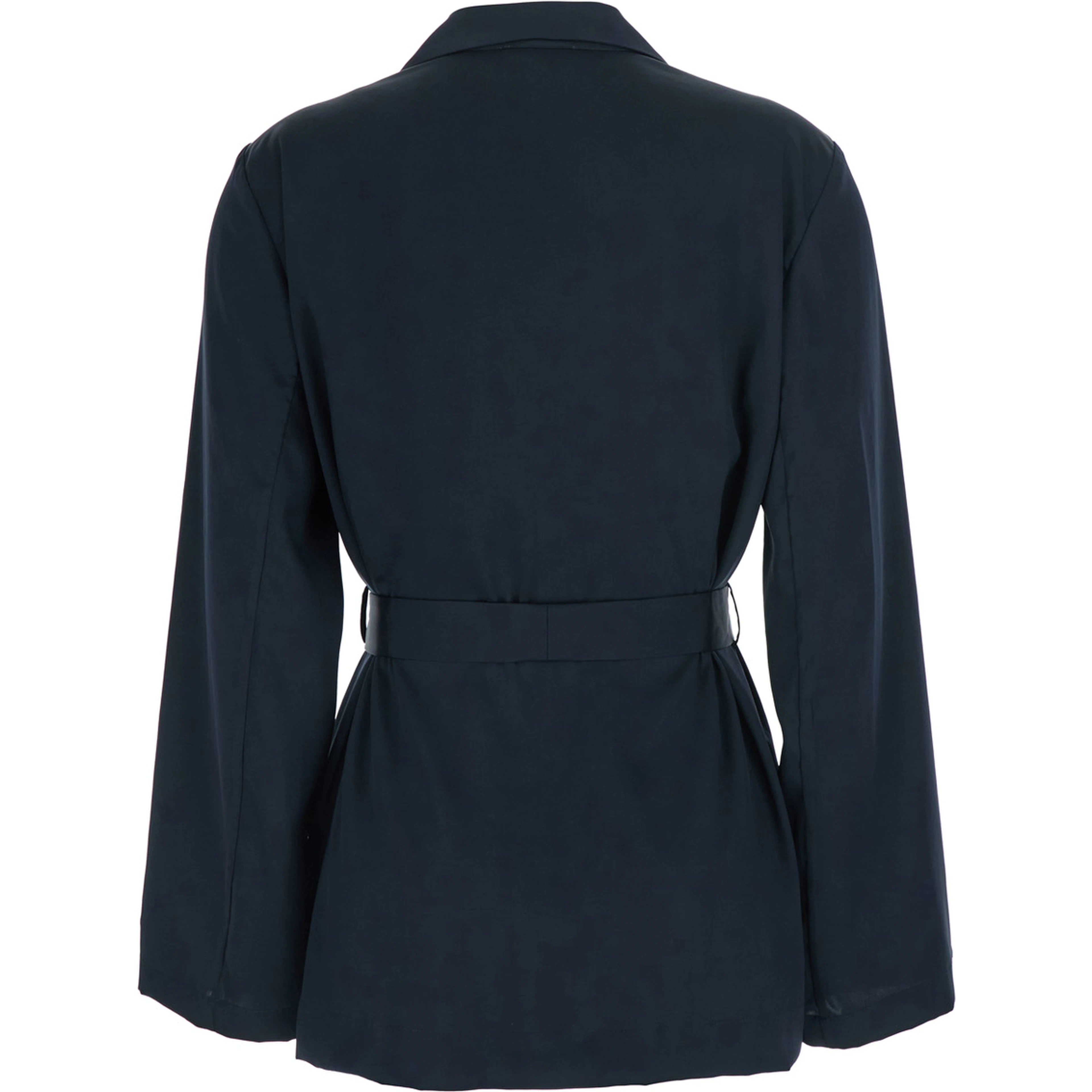 blue Double-breasted Jacket with Notched Revers and Front Belt in Tech Fabric Woman