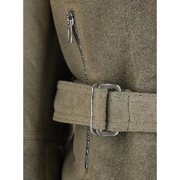 Gray High-neck cropped shearling jacket with off-center zip closure and front belt in suede for women