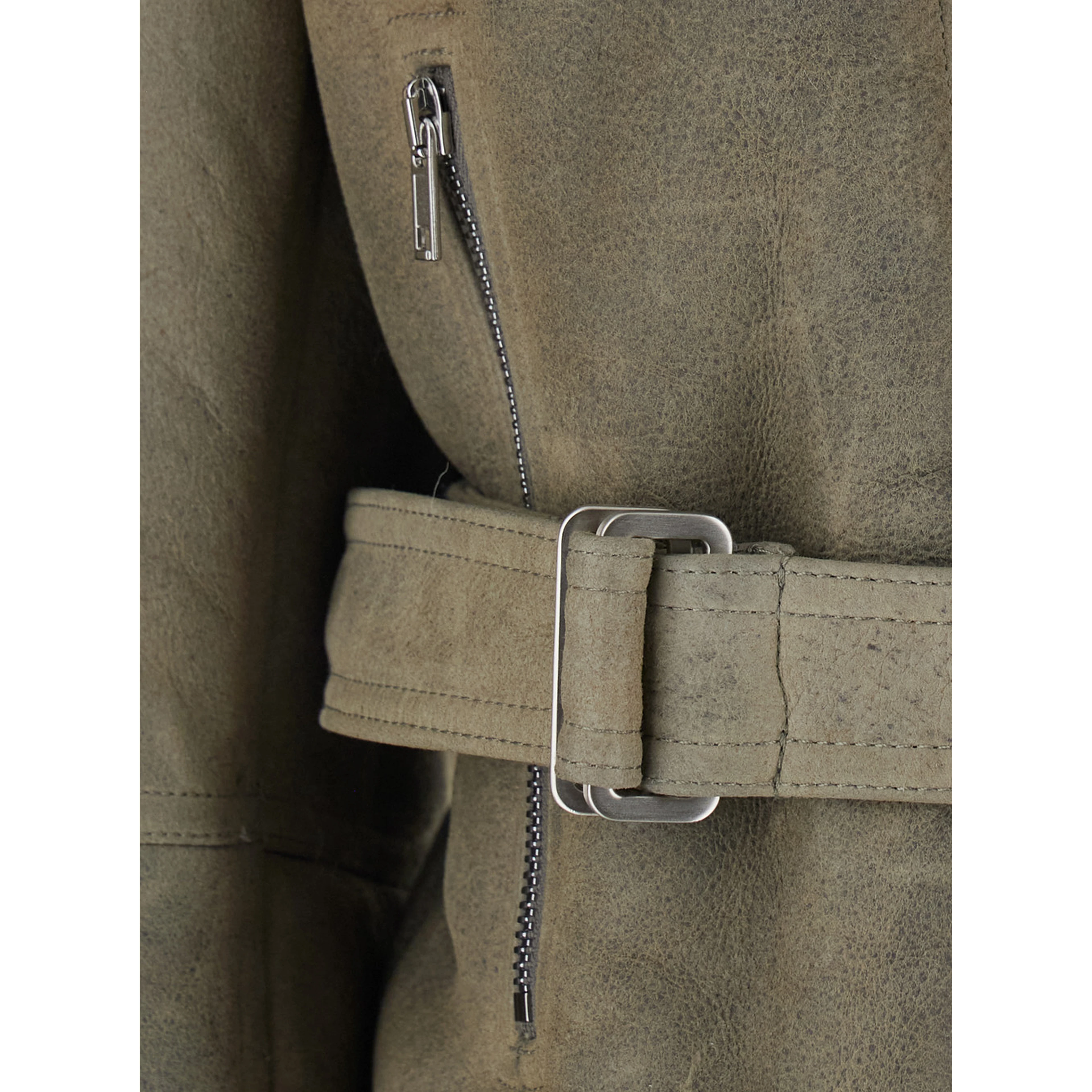 Gray High-neck cropped shearling jacket with off-center zip closure and front belt in suede for women