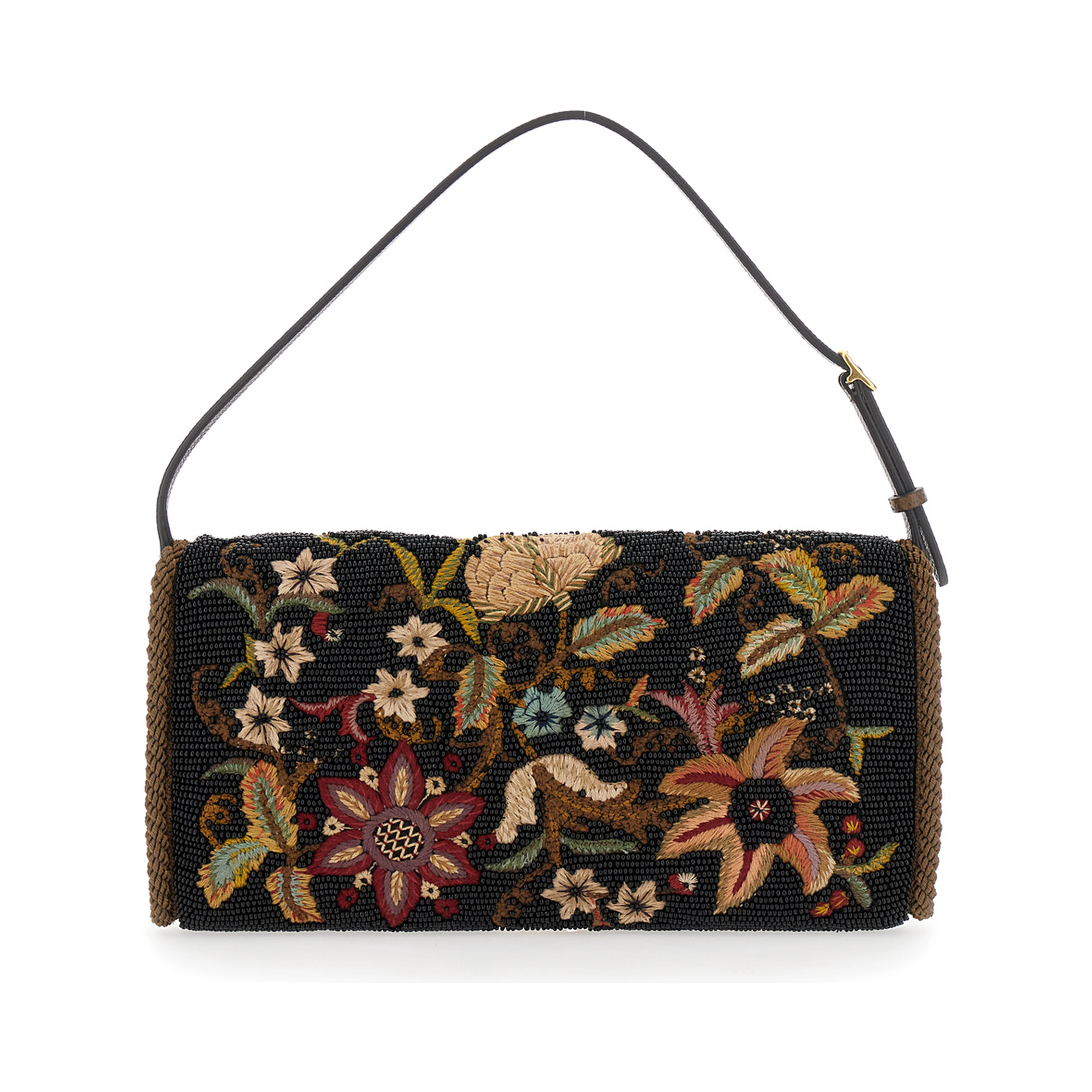 Shoulder Bag with VLogo Plaque on the Front and Multicolor Floral Embroidery for Women