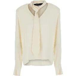 White Blouse with V-neck and tie detail on the front in blend silk for women