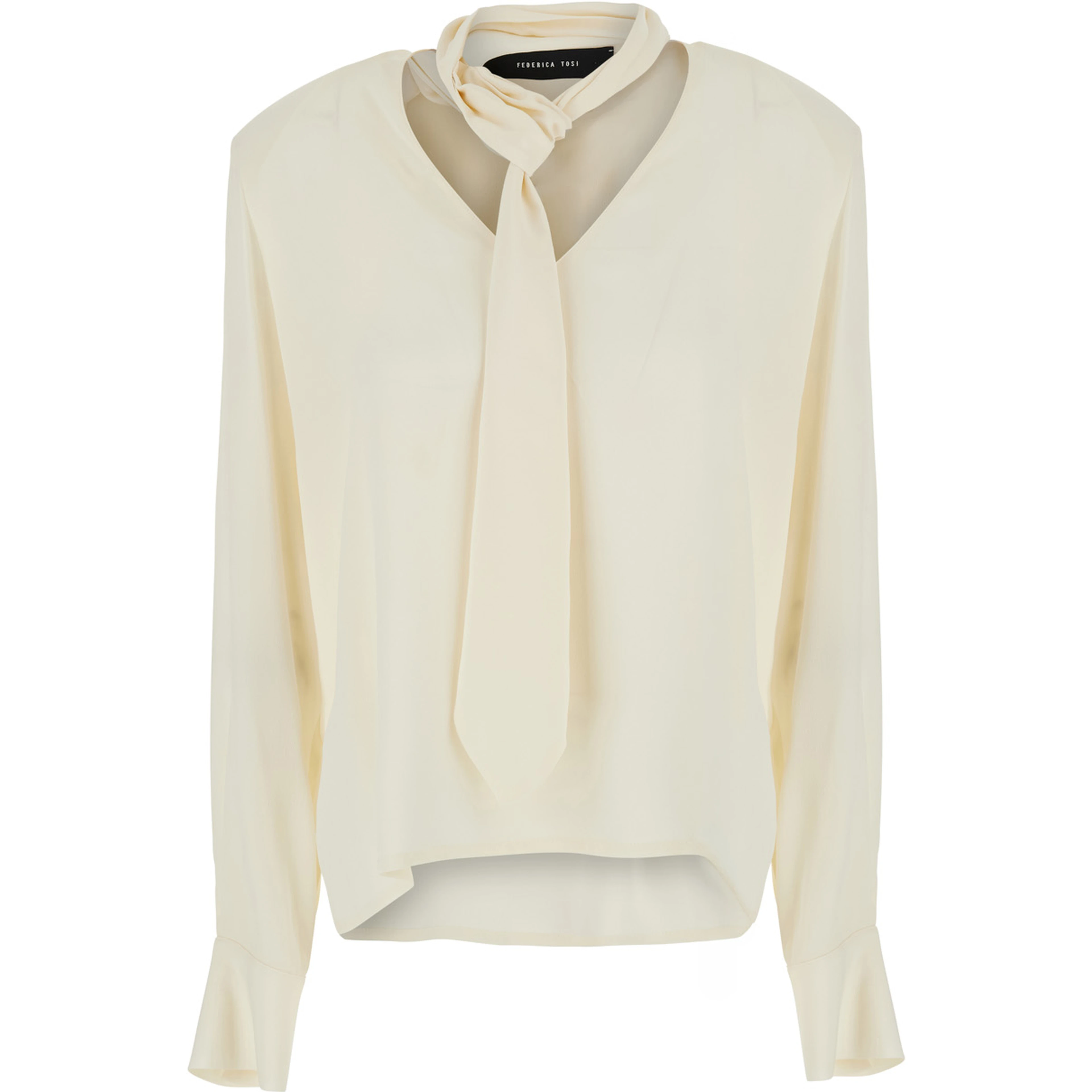 White Blouse with V-neck and tie detail on the front in blend silk for women