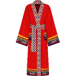 Red Kimono Bathrobe with Cart Print on the Edges and Belt in Cotton