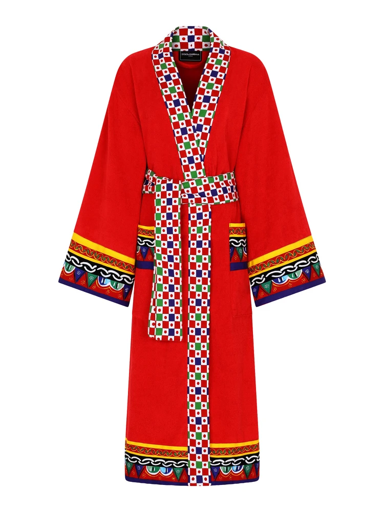 Red Kimono Bathrobe with Cart Print on the Edges and Belt in Cotton