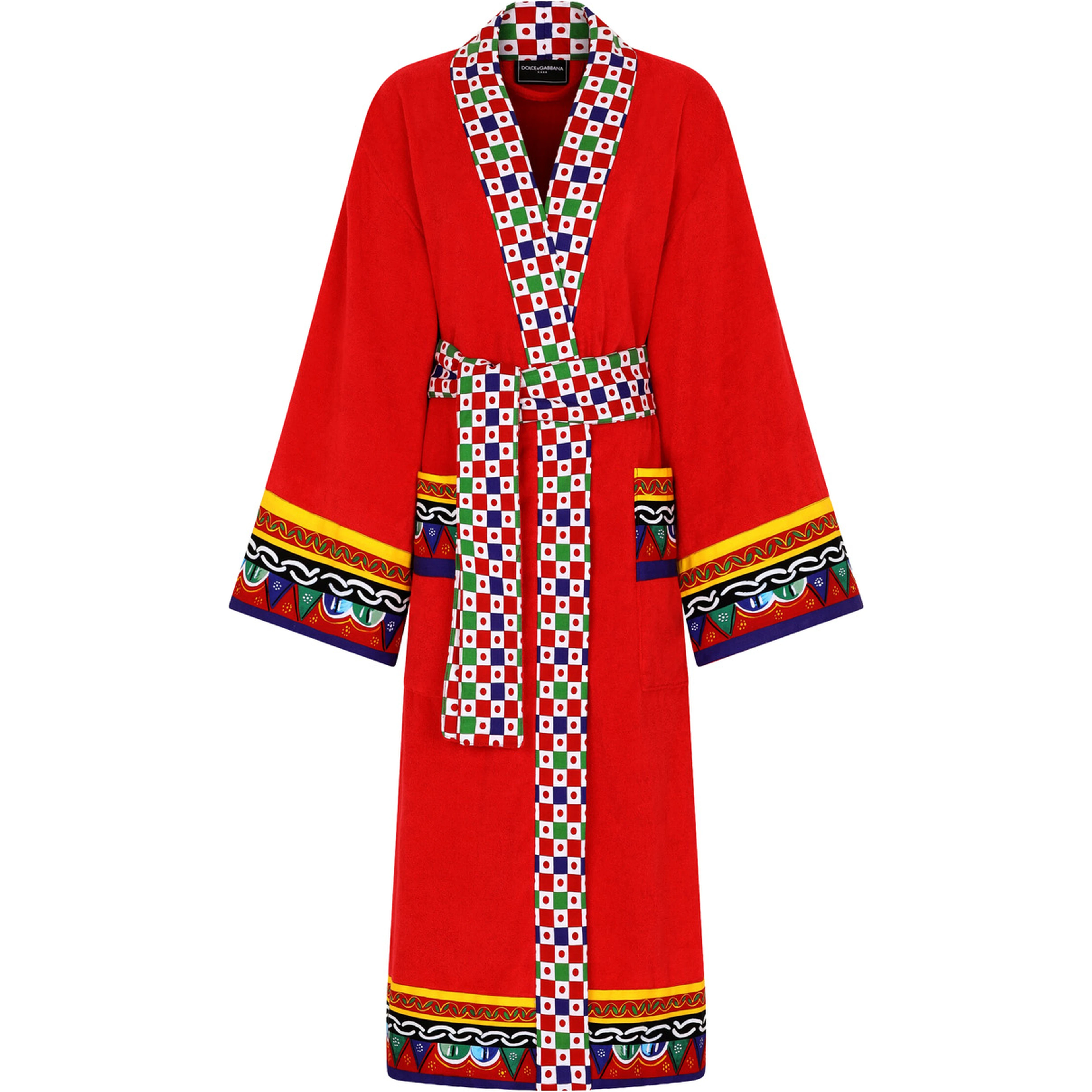 Red Kimono Bathrobe with Cart Print on the Edges and Belt in Cotton
