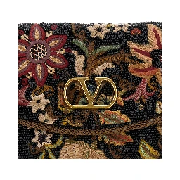 Shoulder Bag with VLogo Plaque on the Front and Multicolor Floral Embroidery for Women