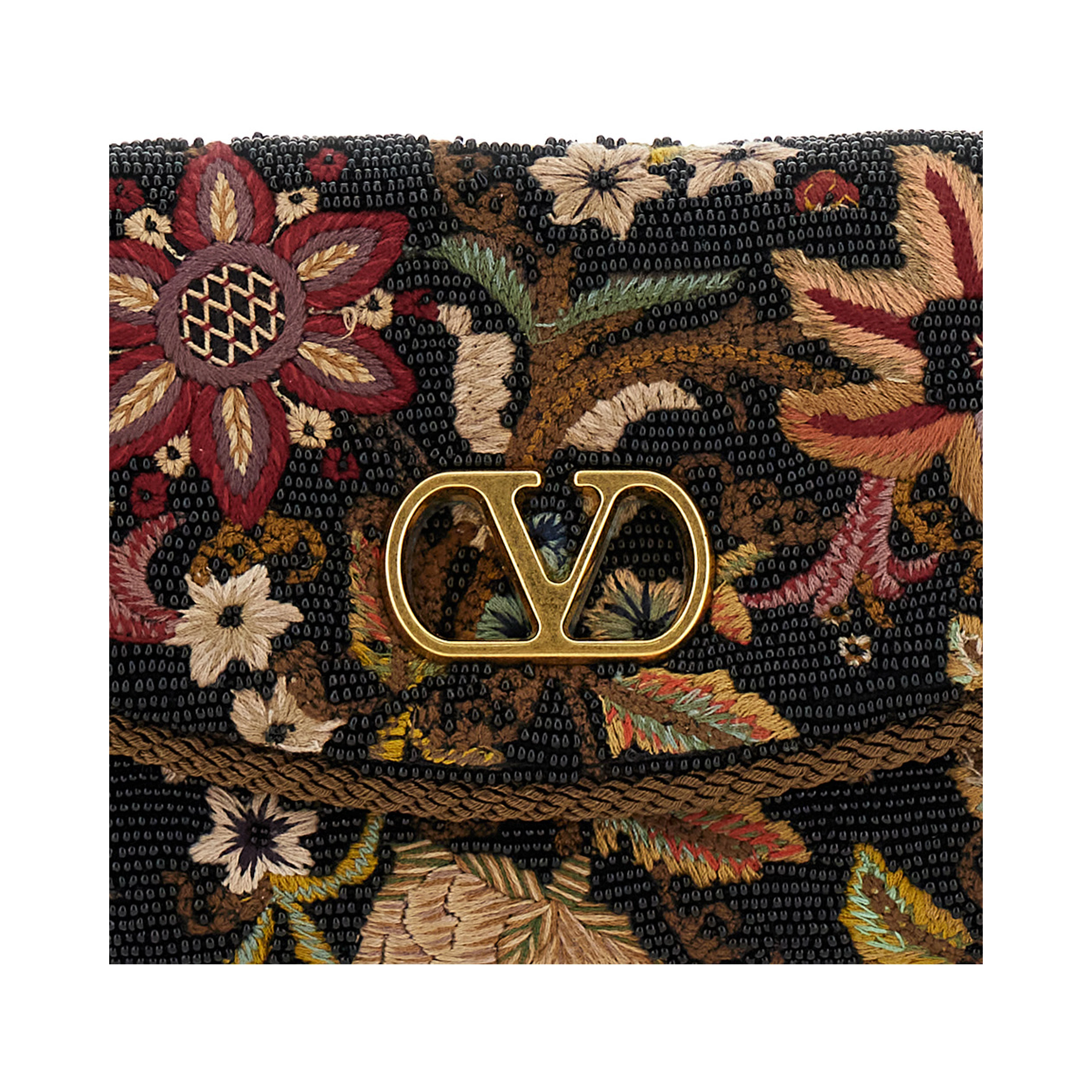 Shoulder Bag with VLogo Plaque on the Front and Multicolor Floral Embroidery for Women