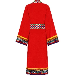 Red Kimono Bathrobe with Cart Print on the Edges and Belt in Cotton
