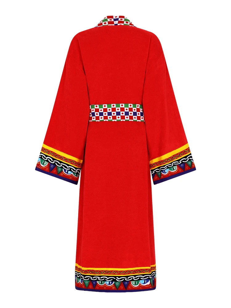 Red Kimono Bathrobe with Cart Print on the Edges and Belt in Cotton alternative