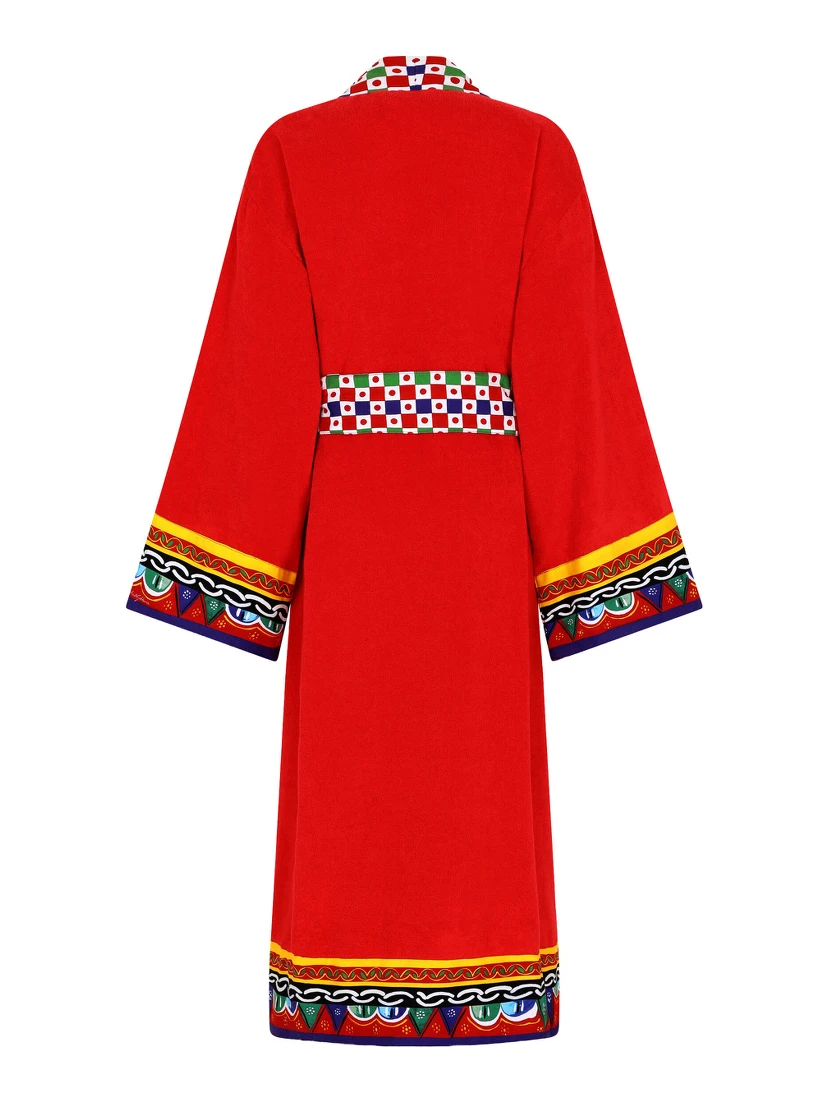 Red Kimono Bathrobe with Cart Print on the Edges and Belt in Cotton