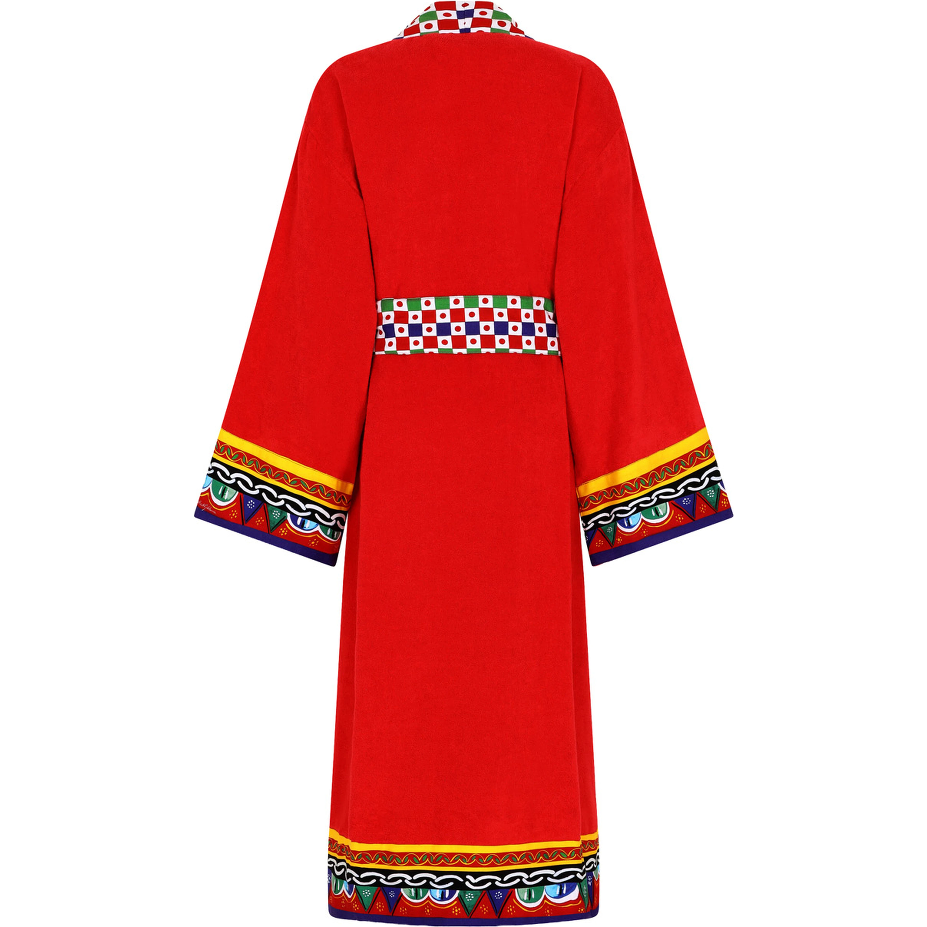Red Kimono Bathrobe with Cart Print on the Edges and Belt in Cotton