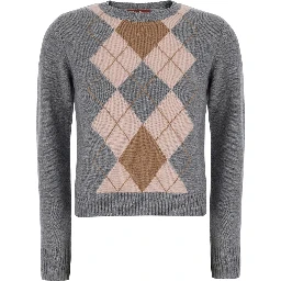 Faraone Gray Short crew neck sweater with argyle motif on the front in wool and cashmere for women