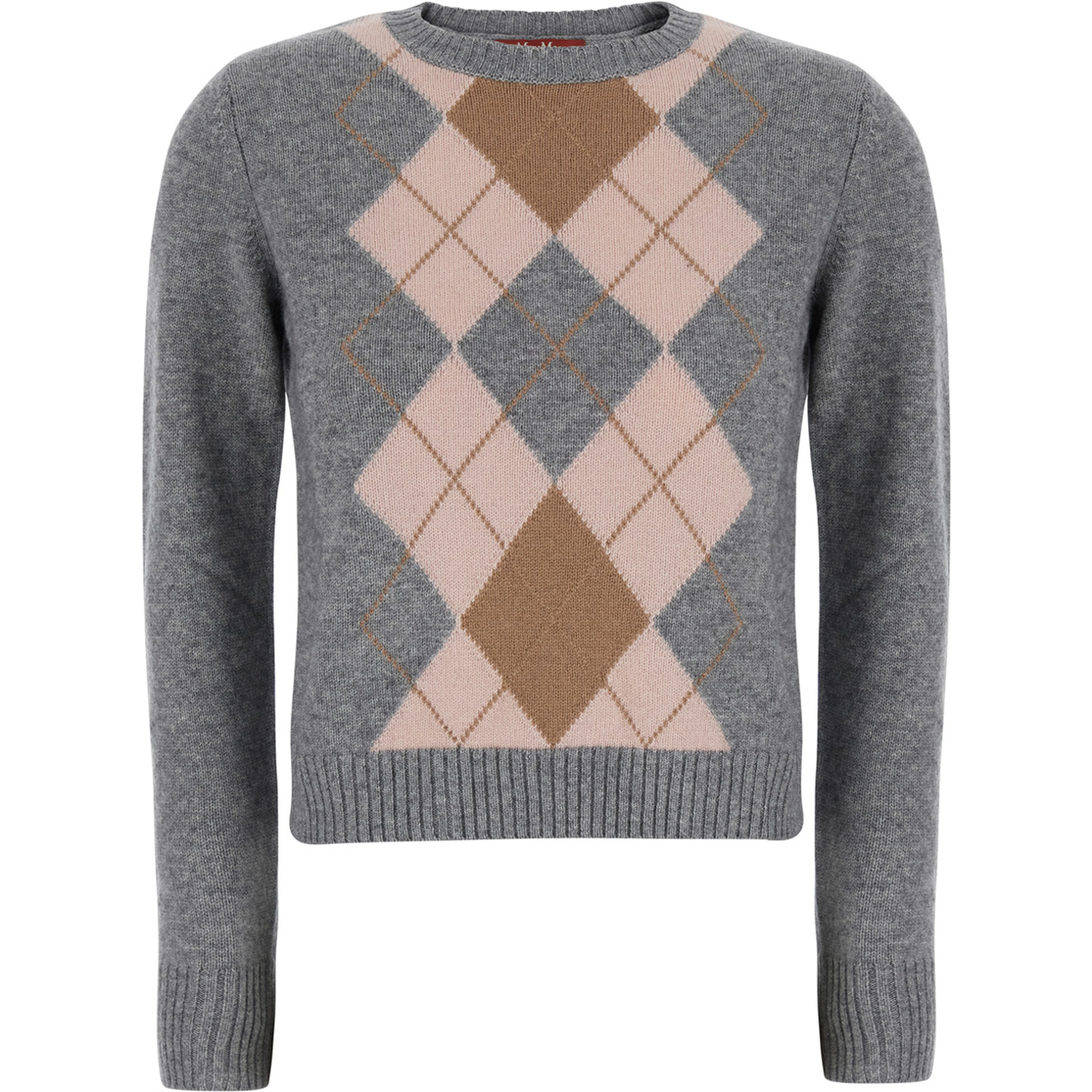 Faraone Gray Short crew neck sweater with argyle motif on the front in wool and cashmere for women
