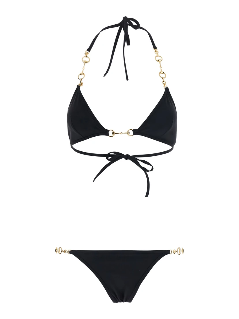 Black Bikini with triangle top and adjustable closure with Horsebit in stretch cotton for women