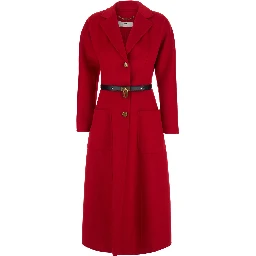 Single-breasted Coat with Notched Revers and Long Sleeves in Red Fabric for Women