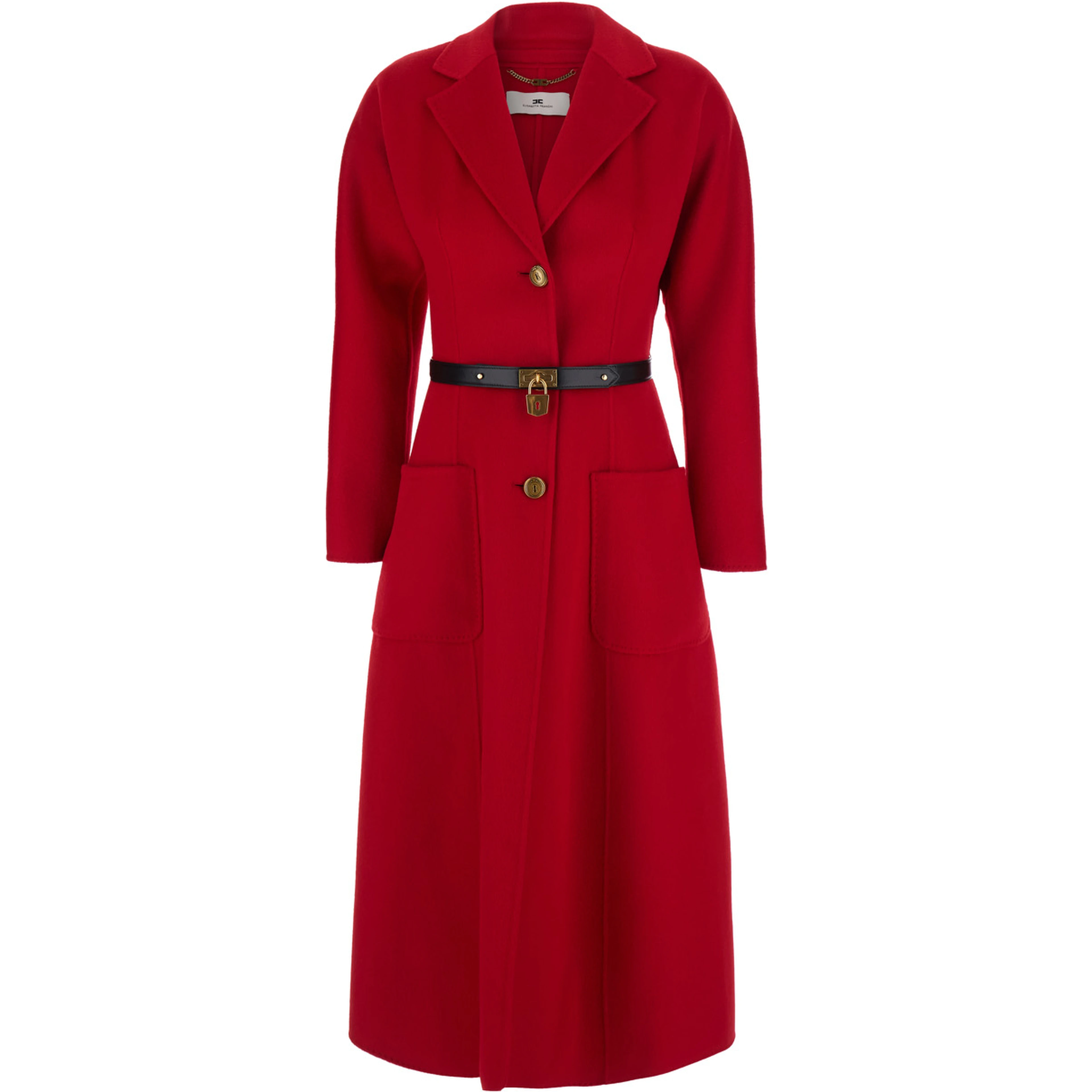 Single-breasted Coat with Notched Revers and Long Sleeves in Red Fabric for Women