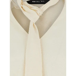 White Blouse with V-neck and tie detail on the front in blend silk for women