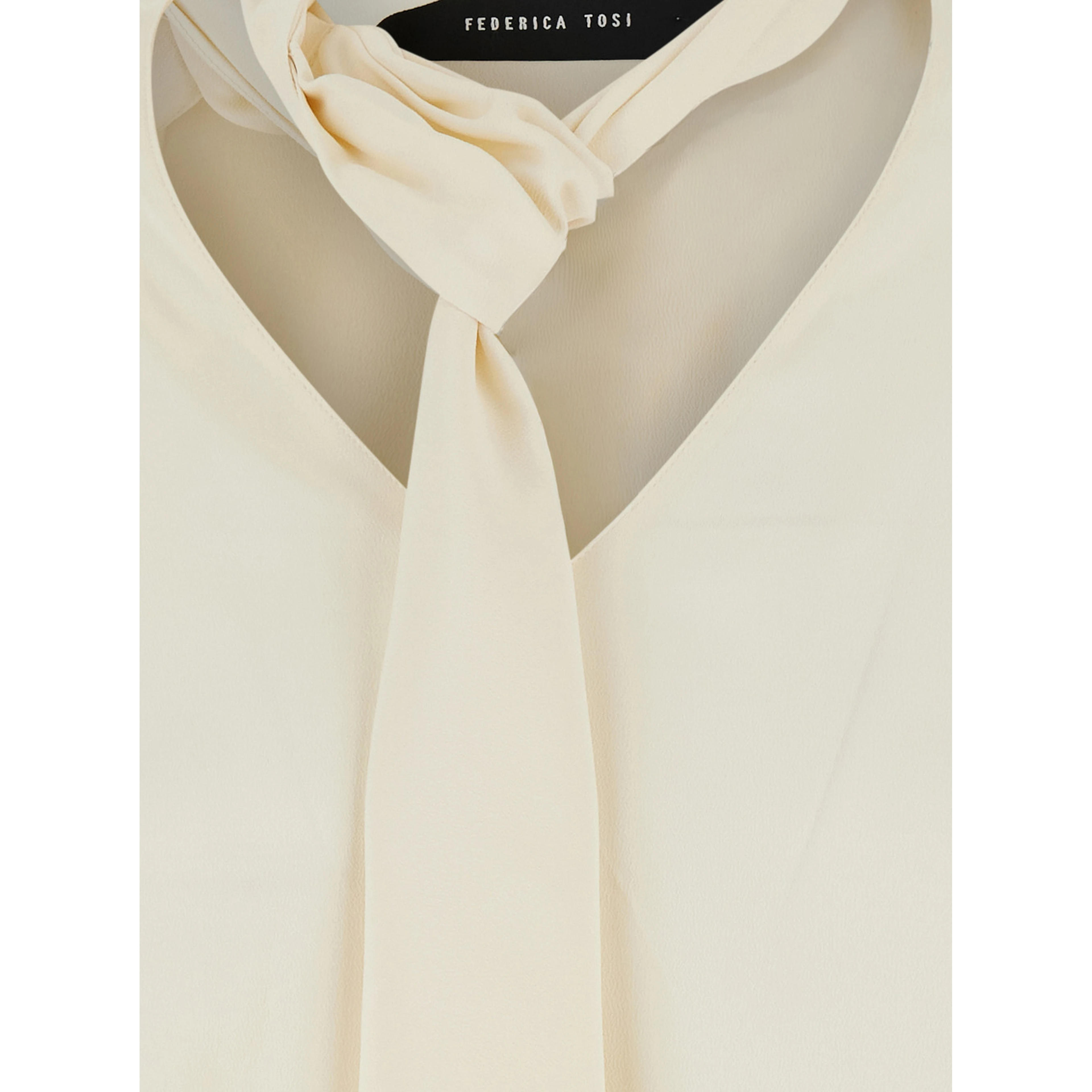 White Blouse with V-neck and tie detail on the front in blend silk for women
