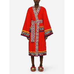 Red Kimono Bathrobe with Cart Print on the Edges and Belt in Cotton