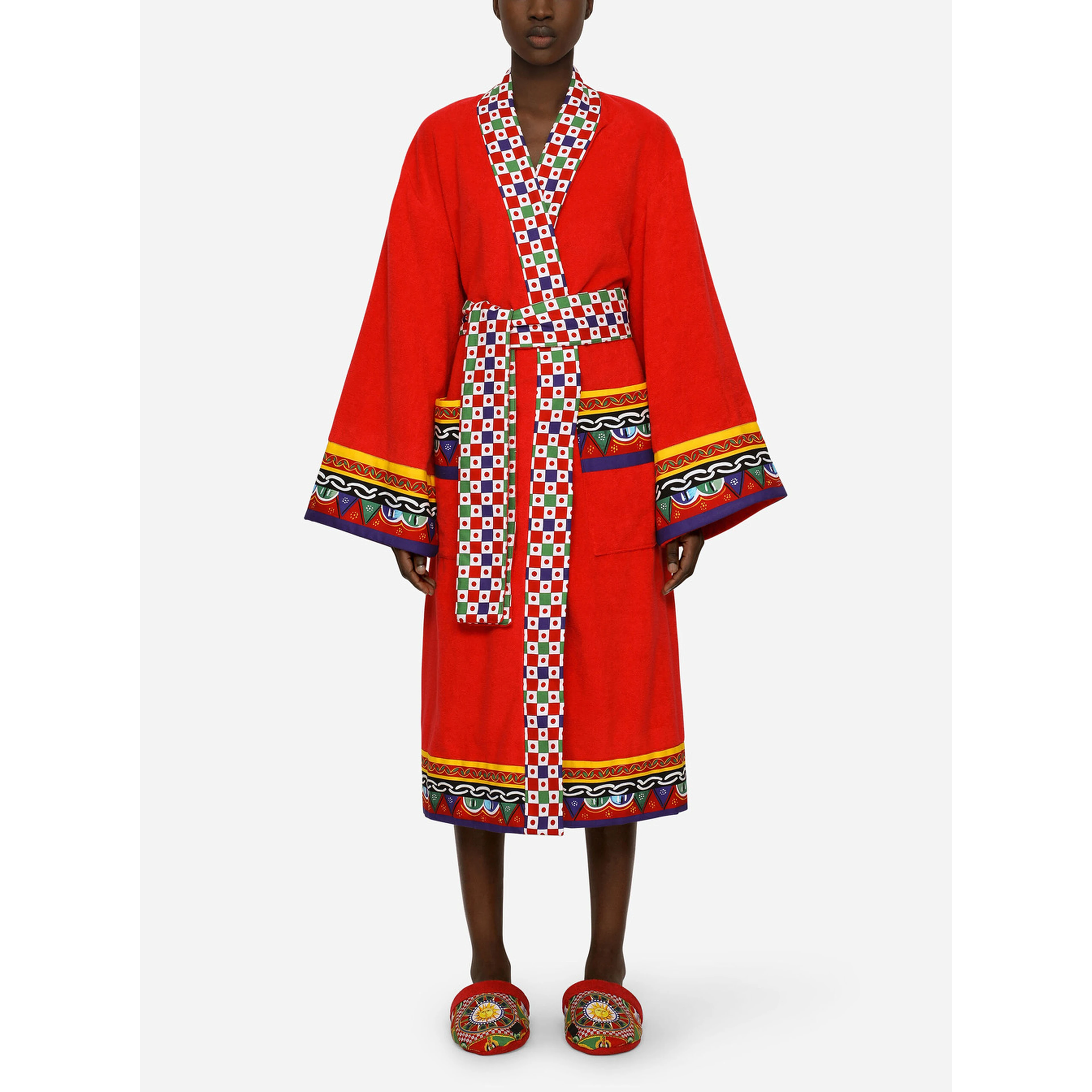 Red Kimono Bathrobe with Cart Print on the Edges and Belt in Cotton