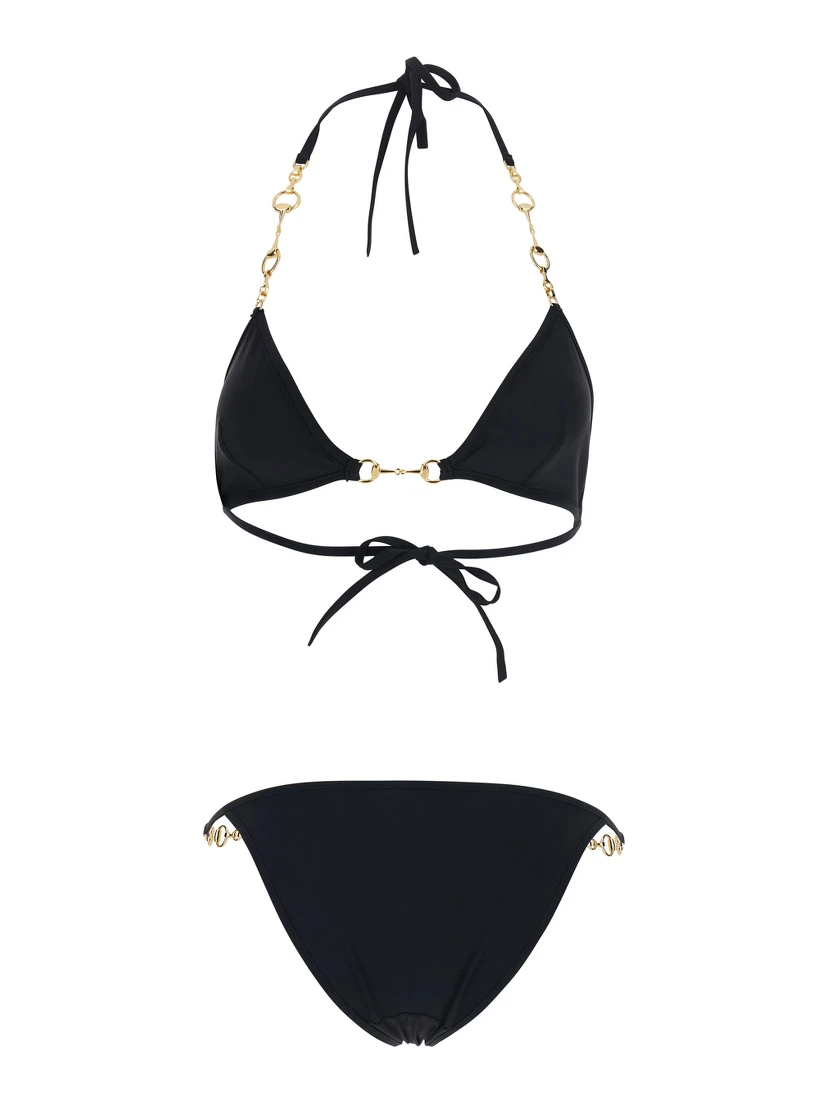 Black Bikini with triangle top and adjustable closure with Horsebit in stretch cotton for women