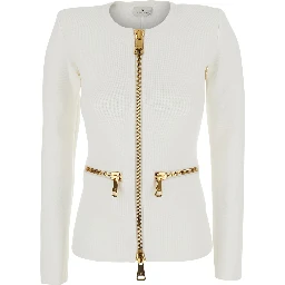 White Crew Neck Cardigan with Two Zip Pockets on the Front in Wool for Women