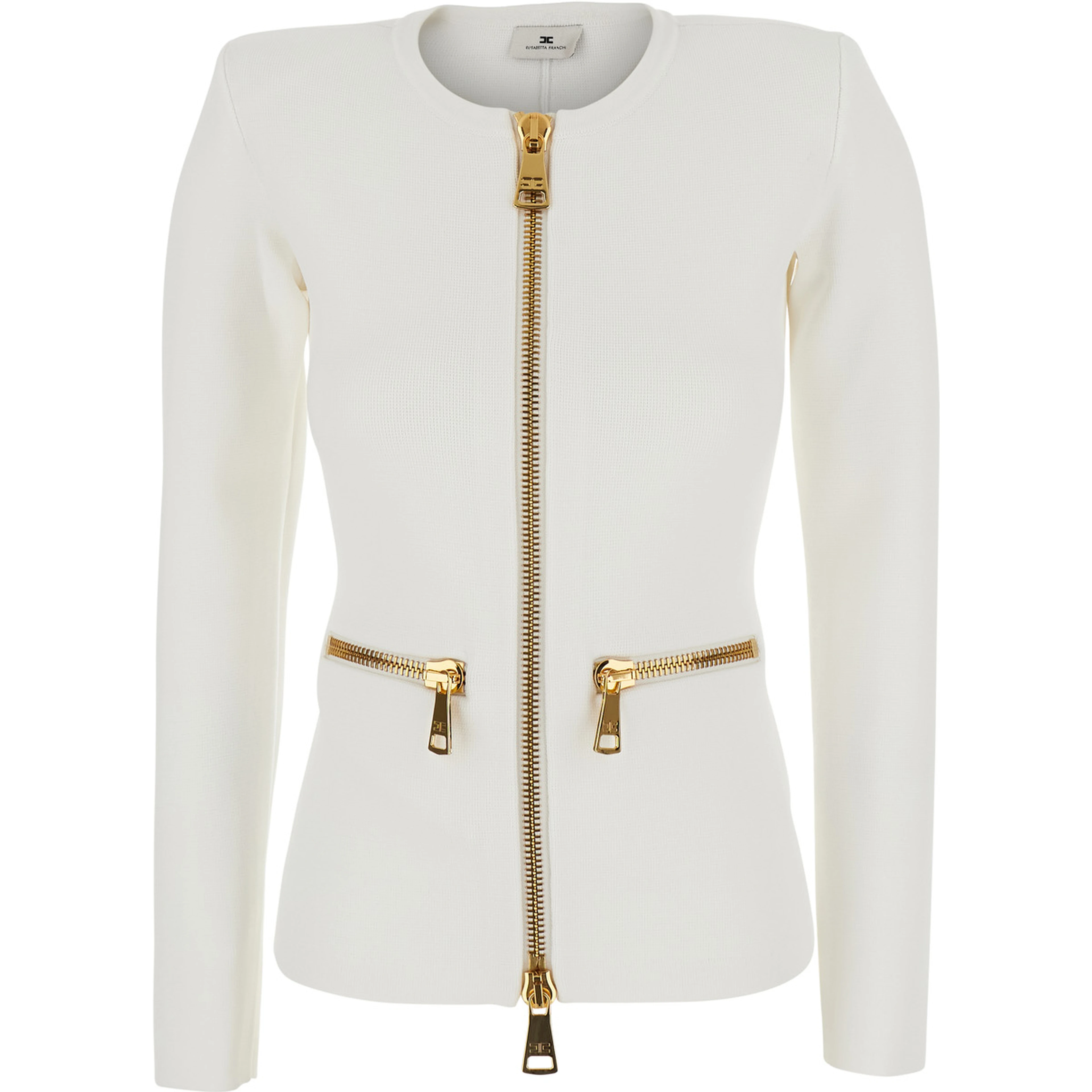 White Crew Neck Cardigan with Two Zip Pockets on the Front in Wool for Women